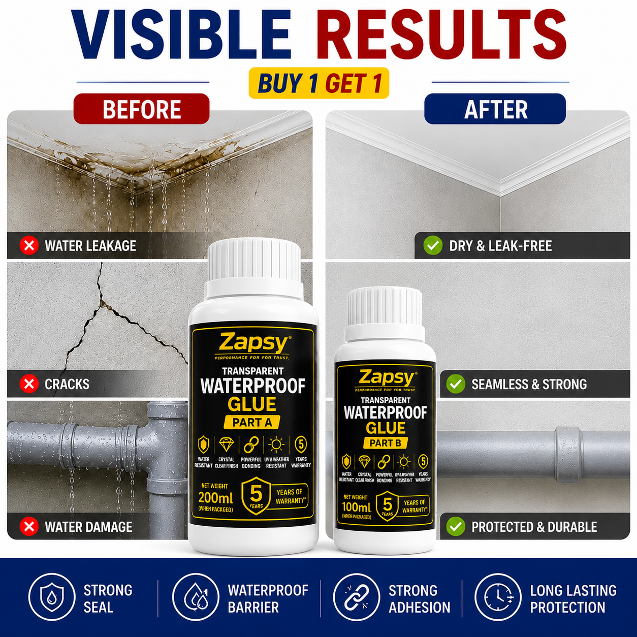 Transparent waterproof glue Super strong pack of one + BRUSH Free, Quantity(Part A 200gm+Part B 100gm)