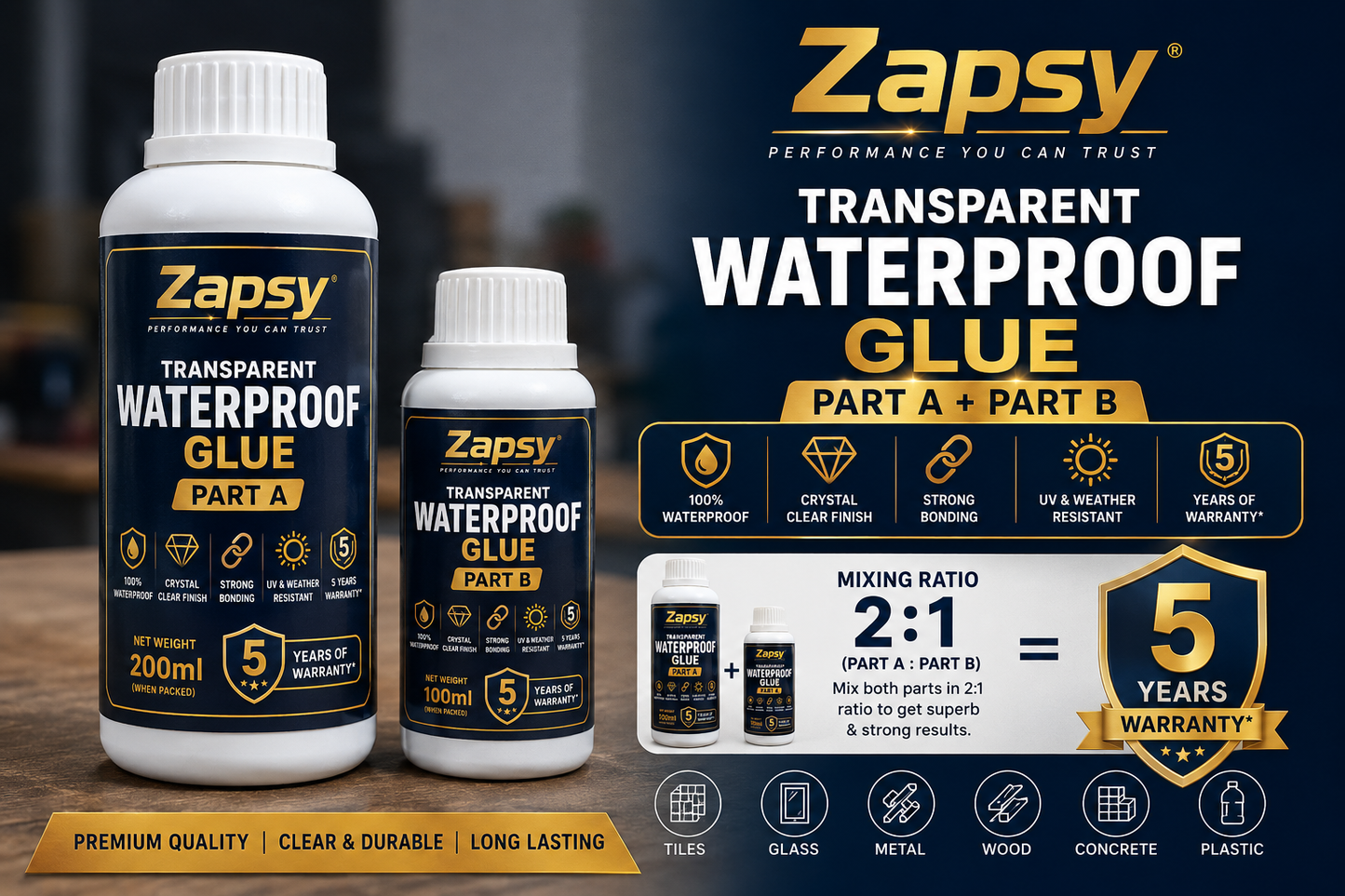 Transparent waterproof glue Super strong pack of one + BRUSH Free, Quantity(Part A 200gm+Part B 100gm)