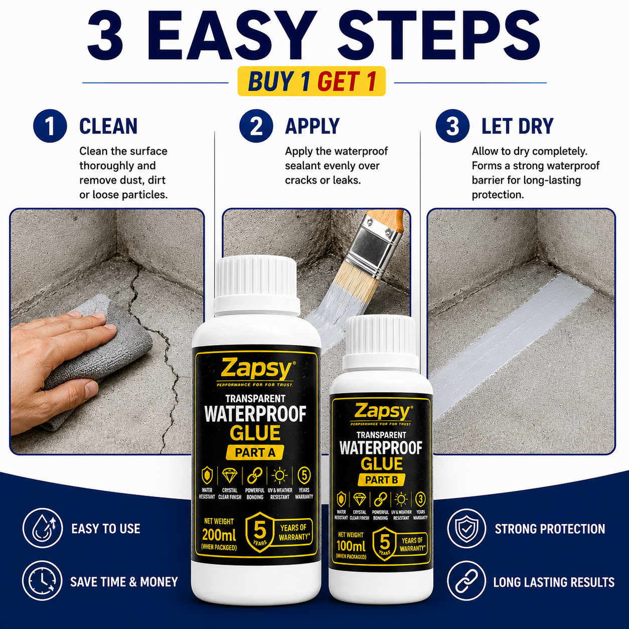 Transparent waterproof glue Super strong pack of one + BRUSH Free, Quantity(Part A 200gm+Part B 100gm)
